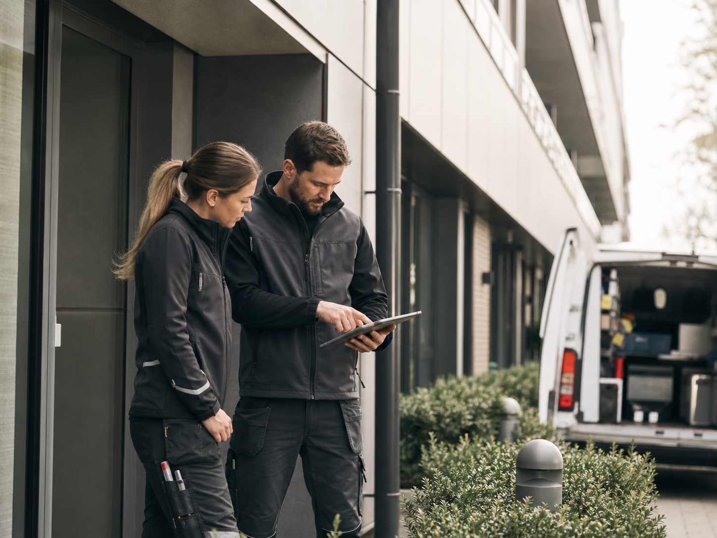Drift- och serviceproffs kontrollerar uppdrag vid en modern fastighet